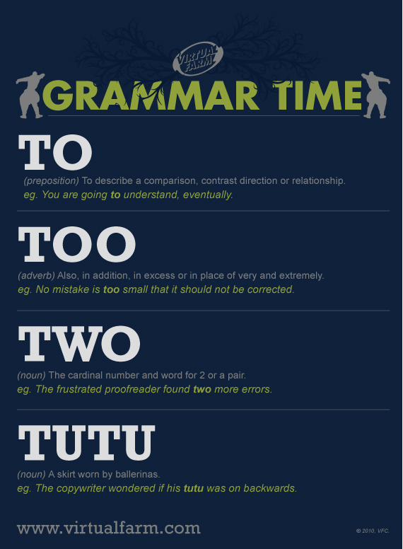 GRAMMAR TIME: To, Too, Two, Tutu
